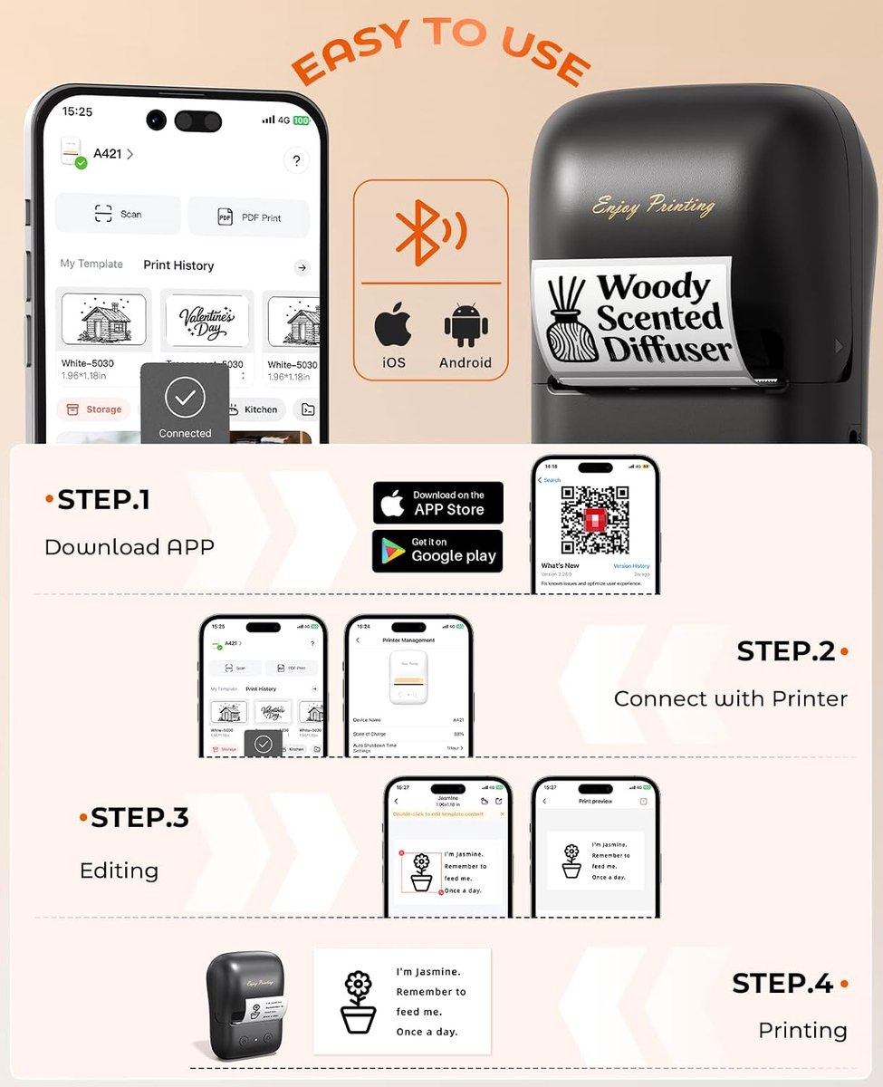 A421 Bluetooth-labelprinter met 3 etiketten, 50 x 30 mm etiketten, roze etiketten met 50 mm diameter voor geschenken - ShopVlot