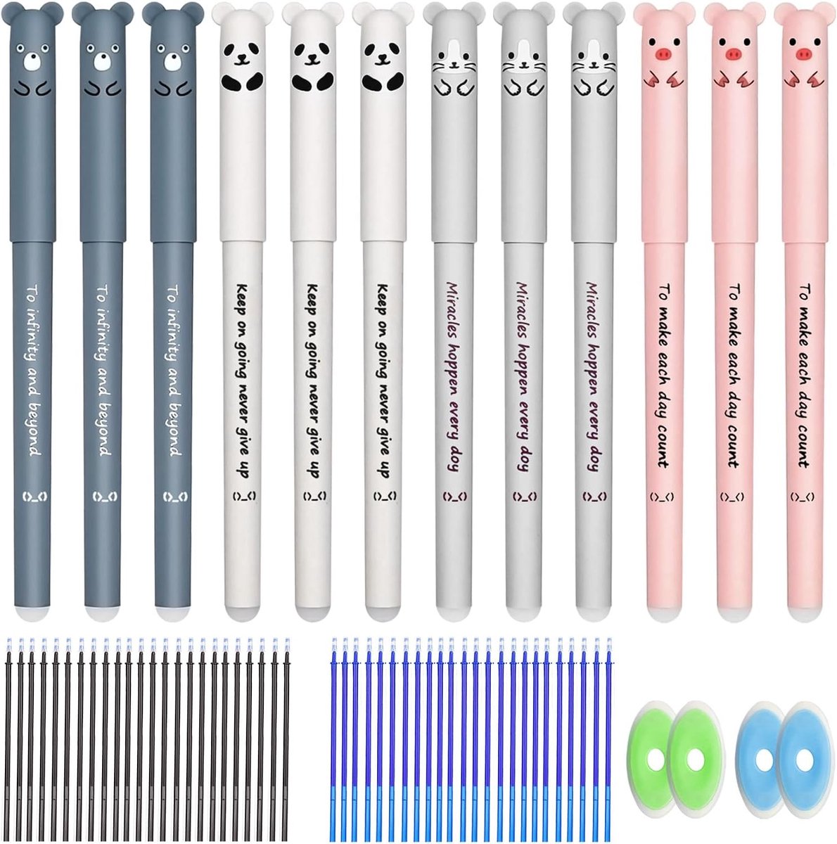 12 Pcs Erasable Animal Pens 0.35mm Erasable Gel Pens Kawaii Cute Erasable Pens with 48 Refills + 4 Erasers for Office - ShopVlot