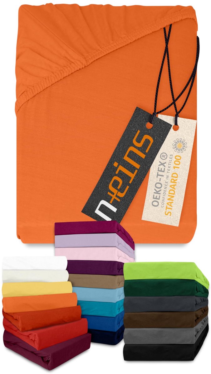 npluseins Klassiek jersey hoeslaken, vele kleuren en maten, 100% katoen, 159.192, 200 x 220 cm, terracotta - ShopVlot