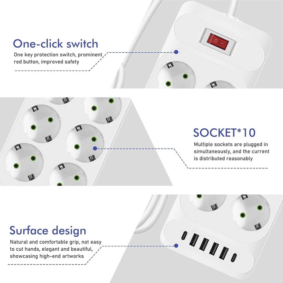 Meerdere stekkerdoos 10 sockets - met USB C - 2 m kabel - met overspanningsbeveiliging - SnelShoppen