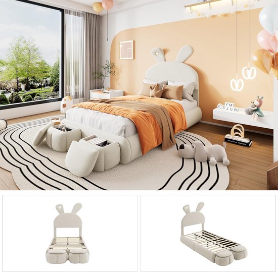 Gestoffeerd Kinderbed - Bed met Opbergkrukken - Slapen en Opbergen - Uniek Konijnenoor Design - 90 x 200 cm — afbeelding 4