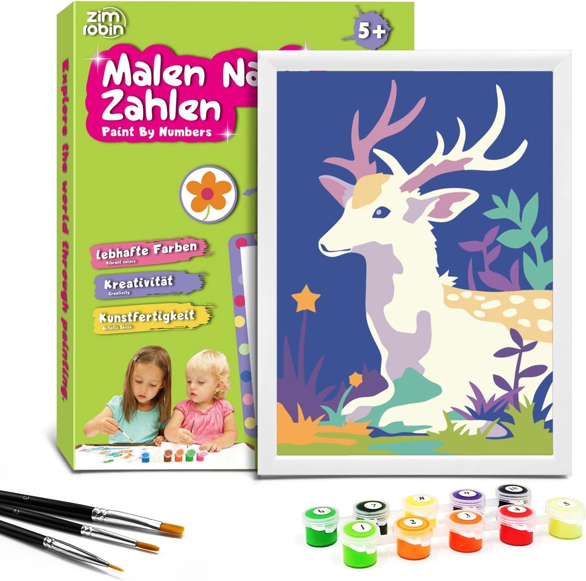 Schilderen op nummer voor kinderen - 13x18 cm - Mysterieus ree - Creatief cadeau met lijst en verf - SnelShoppen