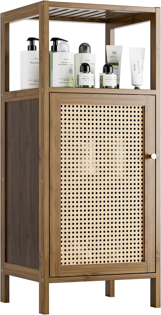 SnelShoppen - Bamboo Vloerkast, Badkameropbergrek met Rieten Deur en 1 Plank, Houten Side Cabinet voor Entree, Wasruimte, Keuken, Woonkamer (Walnoot)