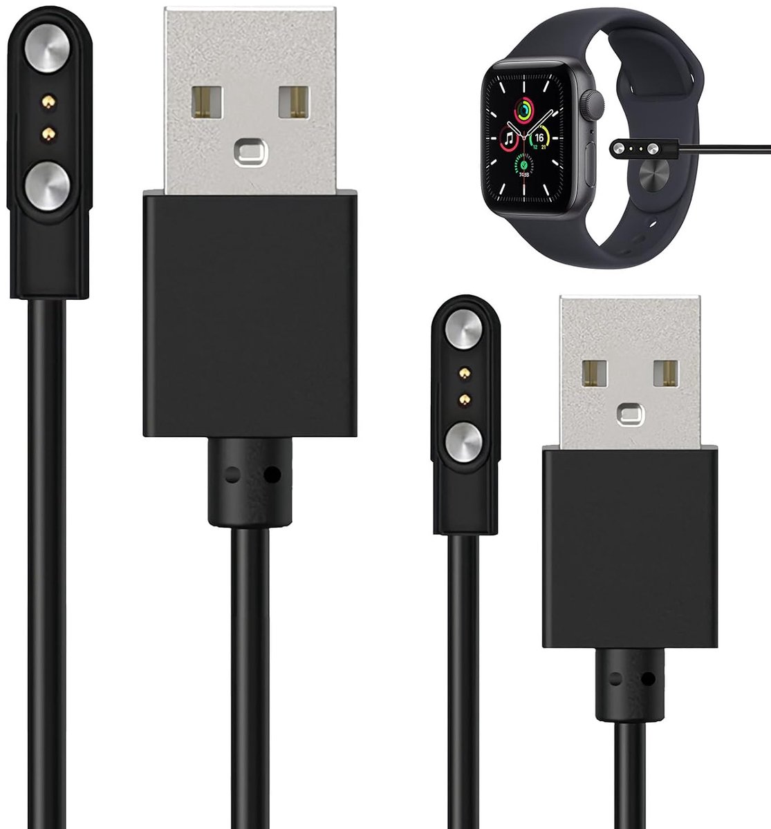 SnelShoppen - 2-Piece Smartwatch Oplader USB 2-Pin, Universele Magneet Opladingskabel voor Smartwatches (2.54mm-2.85mm) - Snel en Efficiënt Opladen