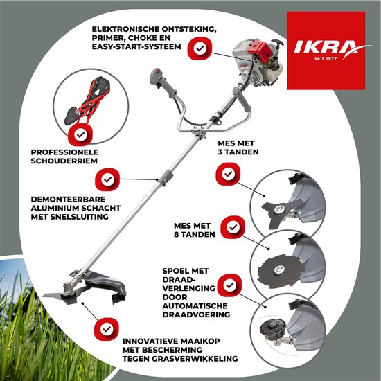 IKRA benzine-bosmaaier IBF 31-4, incl. draadspoel, 3- en 8-tands struikmes, beschermkap en professionele schouderriem — afbeelding 2