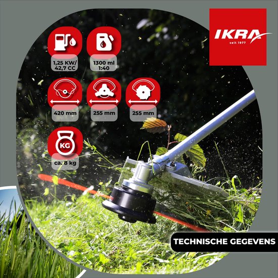 IKRA benzine-bosmaaier IBF 4342, incl. 2 draadspoelen, 3-tands en 8-tands mes en schouderriem — afbeelding 2