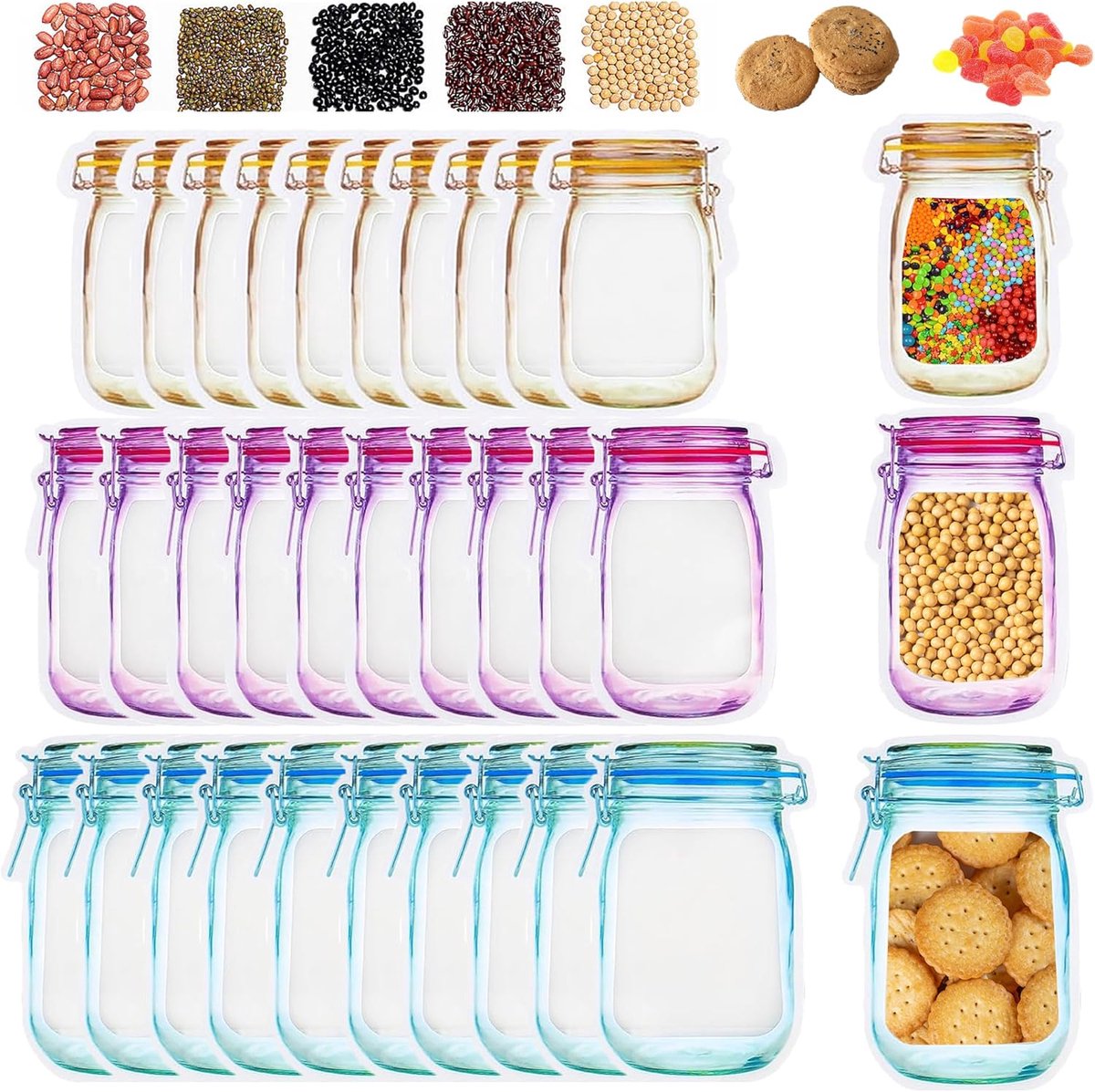 Mason jar flessen zakken 30 stuks - herbruikbare ziplock zakken - lekvrij - ideaal voor snacks en opslag - ShopVlot