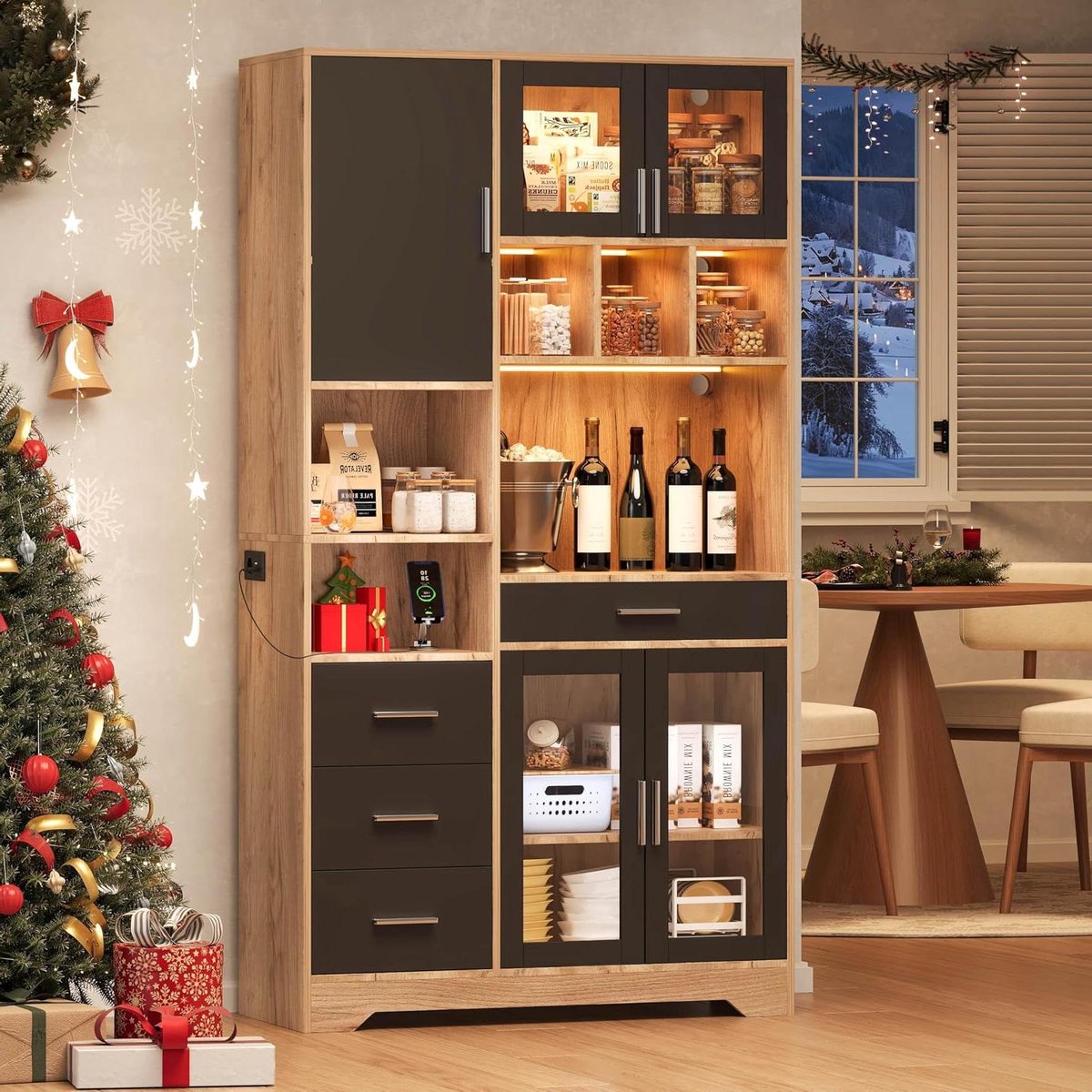 Keukenrek met LED - Buffetkast Vitrine - Keuken Organiseren - Verstelbare Planken - 185 cm - Wit