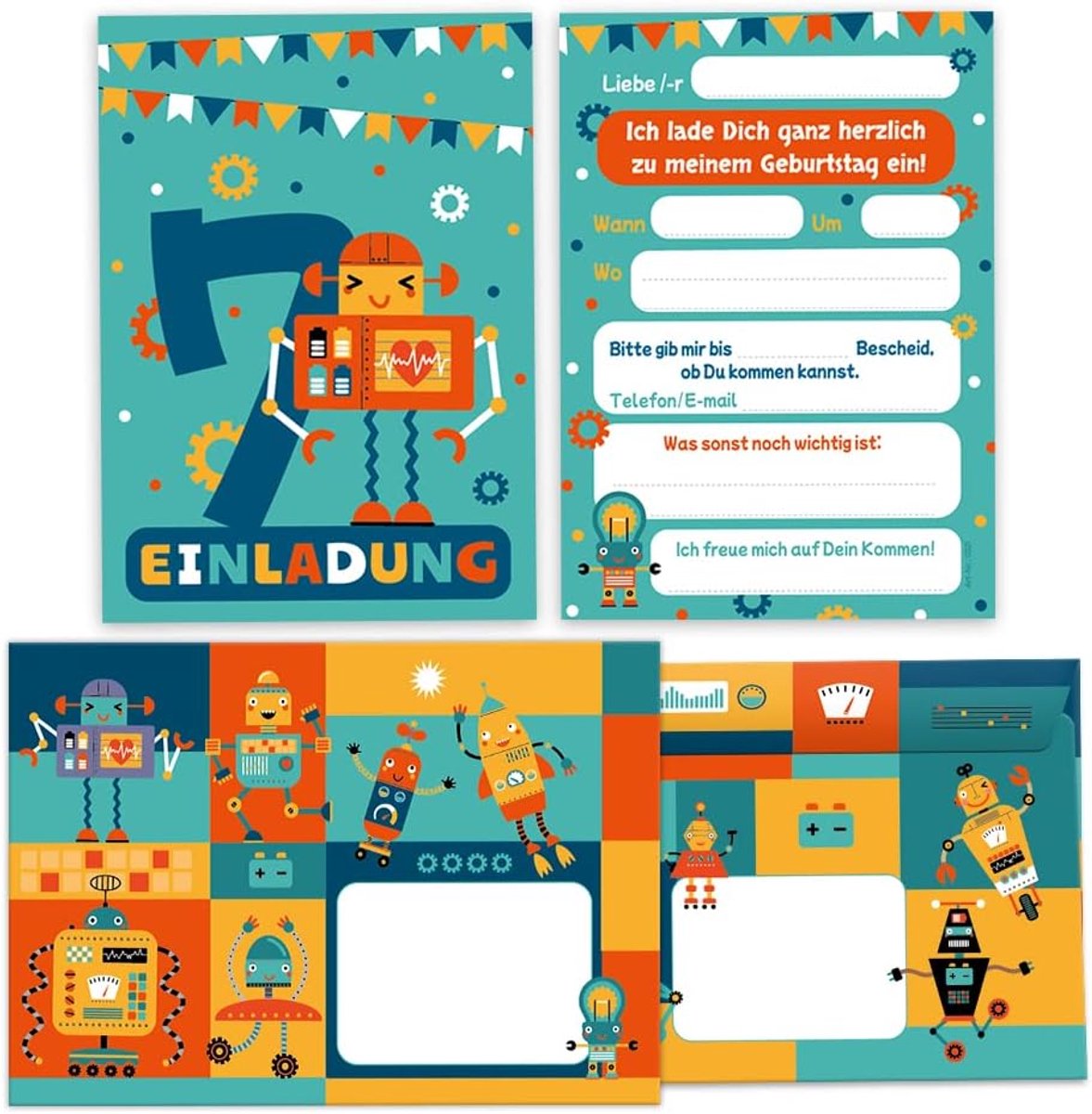 uitnodigingskaarten 7e verjaardag - robot thema - inclusief 12 enveloppen - eenvoudig te vullen - ShopVlot
