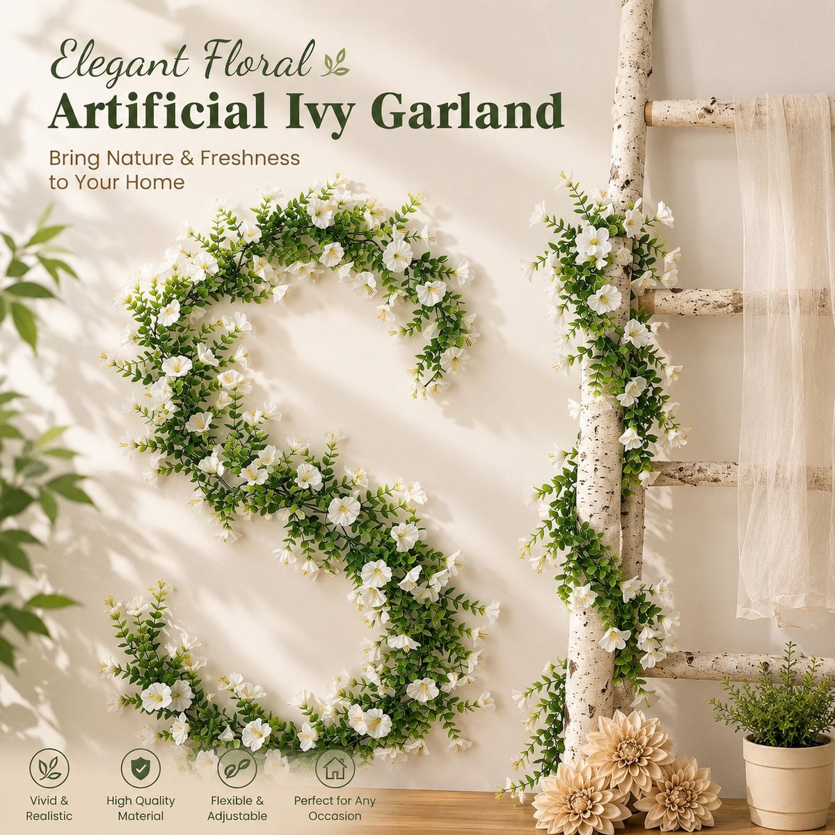 Kunstranken met witte bloemen - 2 stuks - 2,4 meter - 236 bloemen - UV-bestendig - binnen en buiten