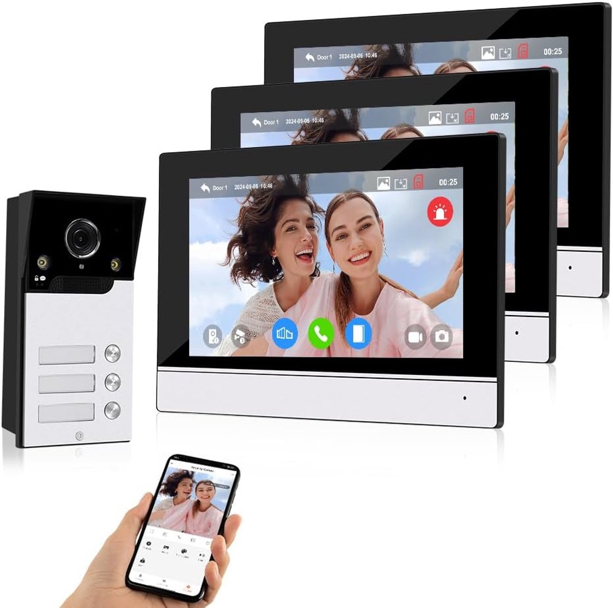 Deurintercomsysteem 1080p HD - 7 inch kleurmonitor - wifi, 2-weg audio - ideaal voor 3 woningen - SnelShoppen