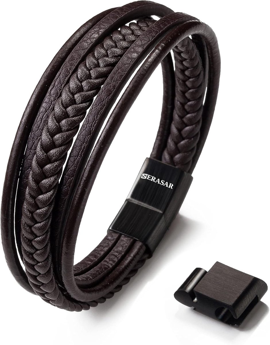 Lederen armband voor heren - zwart en bruin - magnetische sluiting - met juwelendoos - SnelShoppen