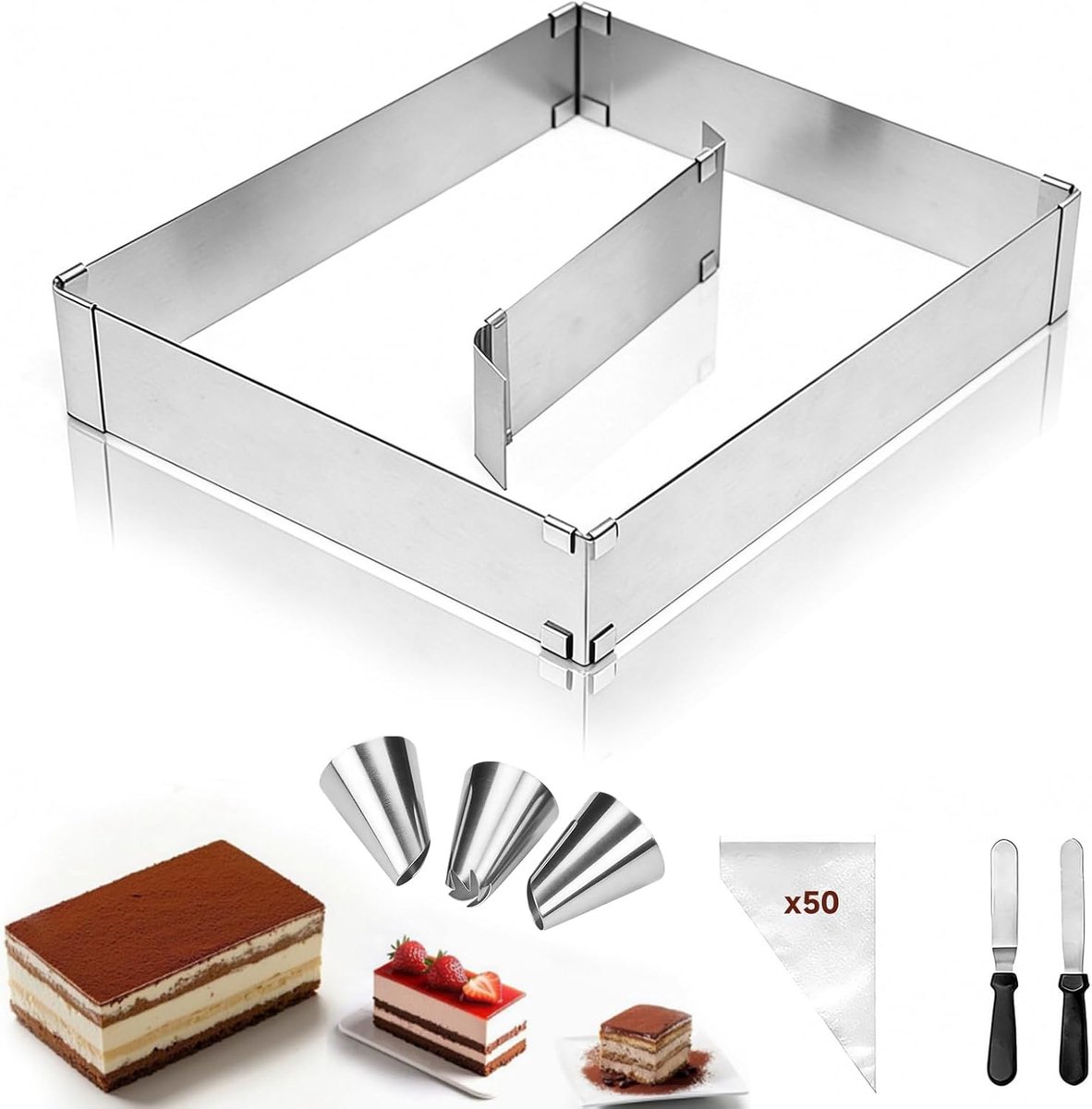 Rechthoekige cakevorm 5cm hoog - roestvrij staal - verstelbaar met divider - ideaal voor taarten en pizza - SnelShoppen