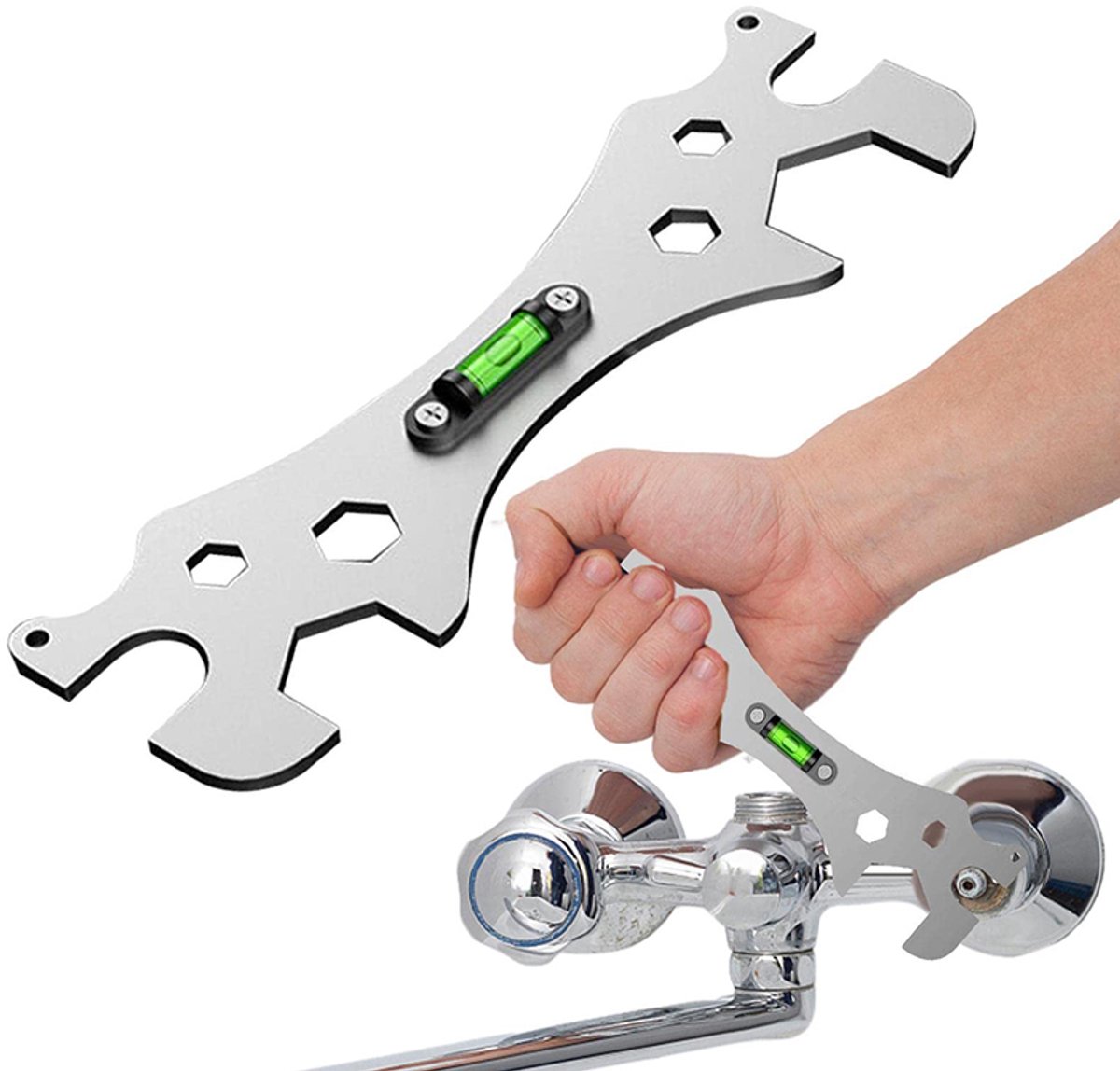 Multifunctionele Kraansleutel met Waterpas - Sanitairsleutel voor Kraanmontage en Moeren - Universeel Installatiegereedschap RVS