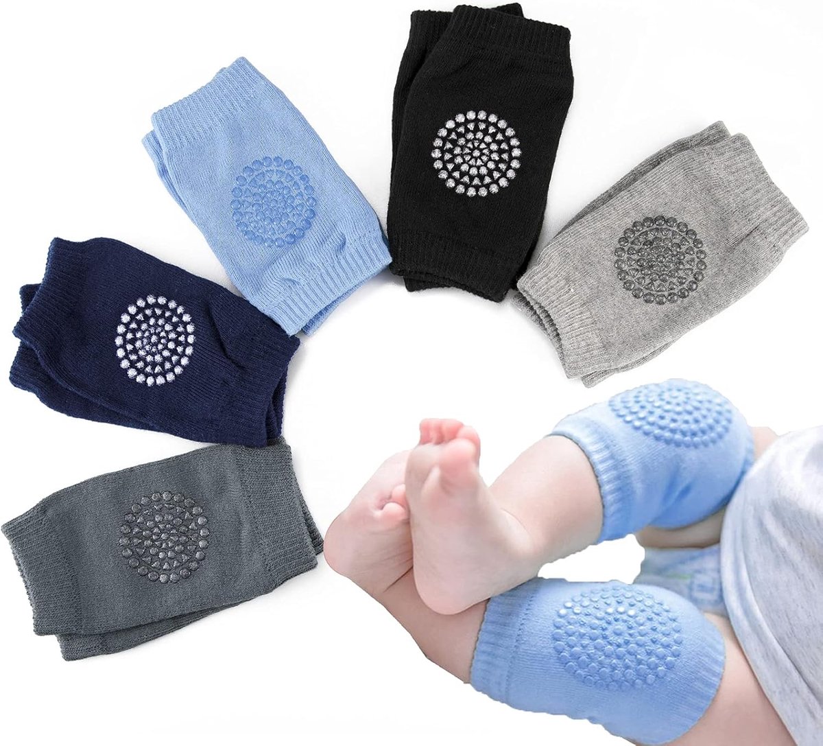 SnelShoppen - Kniebeschermers voor baby's, uniseks, 5 paar zachte kniebeschermers, anti-slip, geschikt voor kruipende baby's, diverse kleuren, perfect