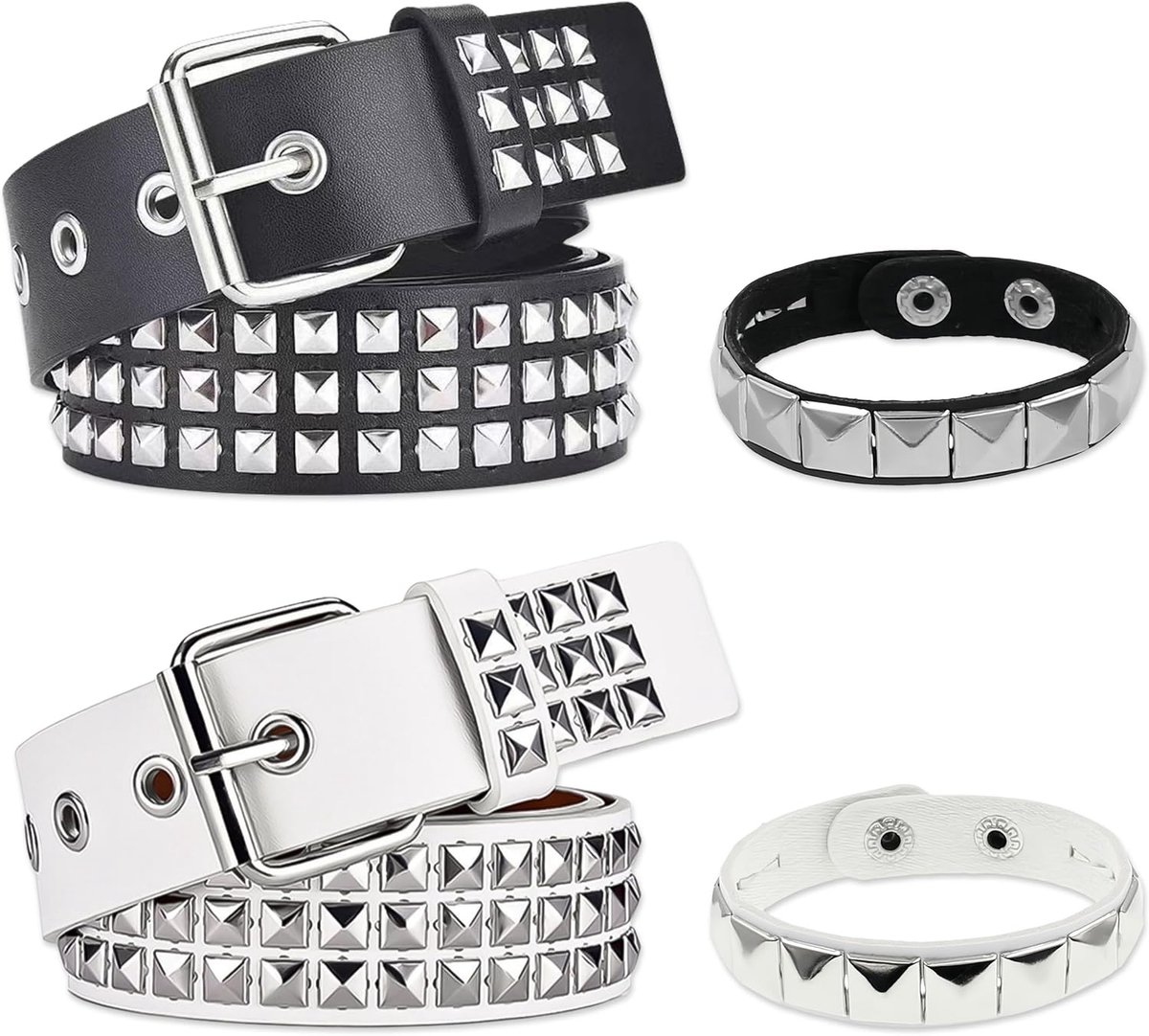 Studs riem set 110 x 3.8cm - zwart en wit PU leer - met spijkers - perfect voor punk en rock evenementen - SnelShoppen