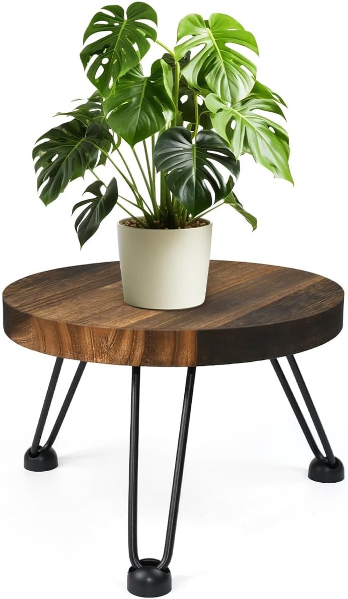 Hout met anti-slip pads, ronde bloemenkruk, hout, 25 cm, vintage plantenkruk met 3 poten, plantenkruk voor binnen en buiten, woonkamer, tuin, mini plantenstandaard