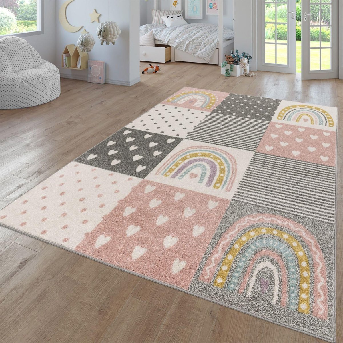 Home Tapijt Voor Kinderen Vloerkleed Kinderkamer Modern Regenboog Wolken Dierlijk motief Veelkleurig, Kleur:Grijs Roze Crème, Maat:120 cm rond