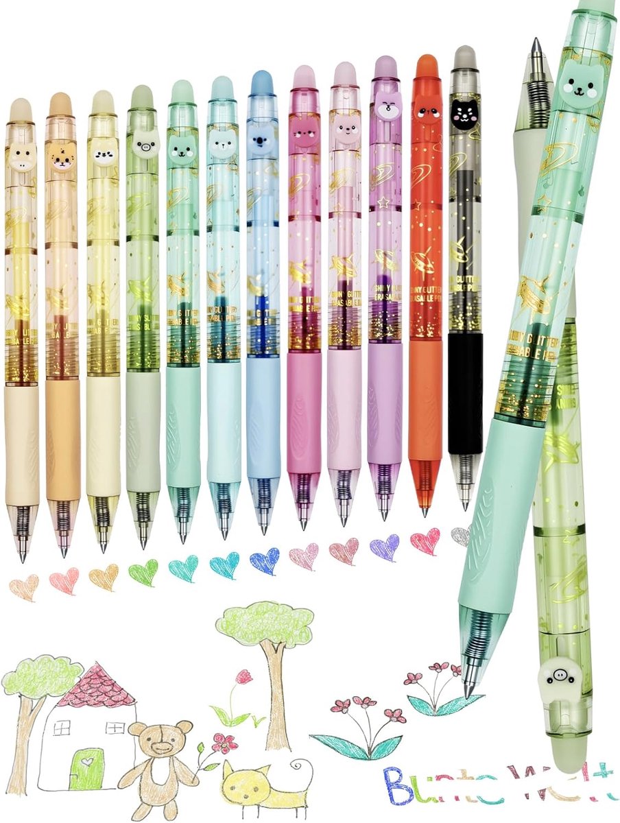 12 kleuren glitter gelstiften, kleurrijke uitwisbare balpenset - 0,5 mm | cartoonpatroon, glitterstiften voor markeren, tekenen, schrijven, perfect cadeau voor volwassenen en kinderen