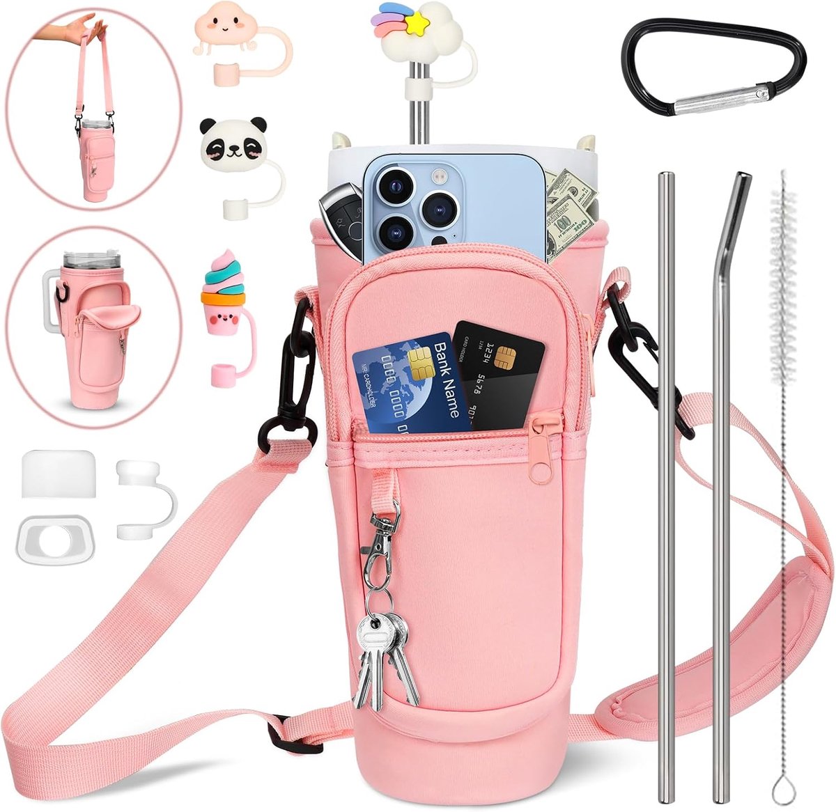 Draagtas voor Stanley Cup 40oz, Tas voor Waterfles voor Stanley-beker met Pipetdeksel, Rietje en Verstelbare Riem, Modieuze Waterfles Houder voor Reizen, wandelen reizen (roze)
