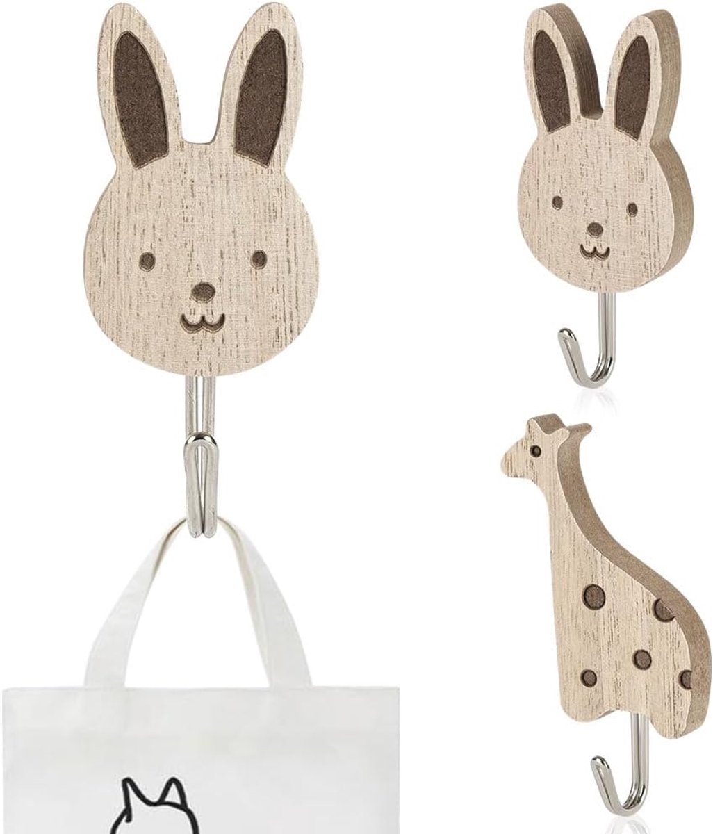 Houten dierenwandhaken 2 stuks - schattige konijnen en giraffen - zelfklevend - decoratie voor kinderkamer - SnelShoppen