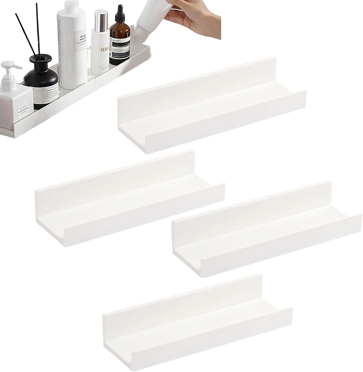 4 witte wandplanken, zelfklevende planken, planken zonder boren, wandplanken voor badkamer, keuken, woonkamer, slaapkamer en kantoor