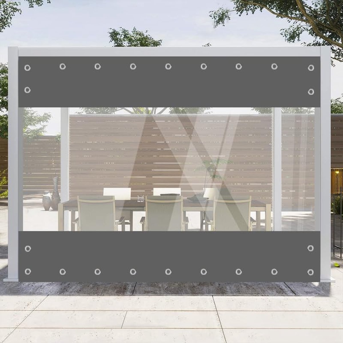 zeil met oogjes, waterdicht 420 g/m², pvc-afdekzeil, geweven zeil, windbescherming, regenbescherming voor tuin, paviljoen, terrassen, balkon, kassen, grijs, hoogte 2,4 m x breedte 2,1 m