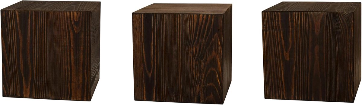 Set van houten zuilen, Rustieke decoratieve zuilen, Boomstamdecoratie, Vloerlantaarnstandaard, Houten plantenstandaard, Stevig en duurzaam, Donker notenhout, 20x20x20 cm, 3 stuks