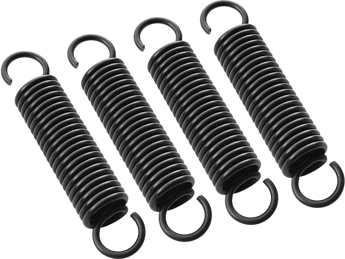 4 x 90 mm stalen veren, veerdiameter 18 mm, draaddikte 2,5 mm, 4 zwarte trekveren met dubbele haken. Sterke en uittrekbare spanners