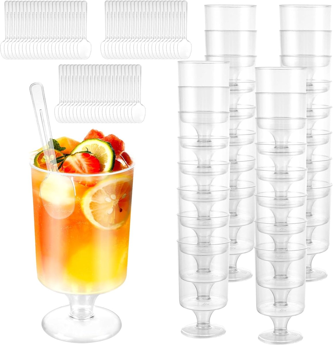 100 stuks kunststof dessertglazen, 120 ml, heldere herbruikbare dessertkommen, dessertglazen, dessertkommen met 100 lepels, voor pudding, mousse, ijs