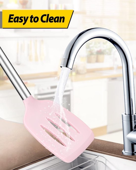 Verpakking van 2 Silicone Solid Turner, Non-Stick Slotted Keuken Spatules, Hoge hittebestendige BPA gratis kookgerei, Ideaal kookgerei voor vis, eieren, pannenkoeken (Roze) — afbeelding 3
