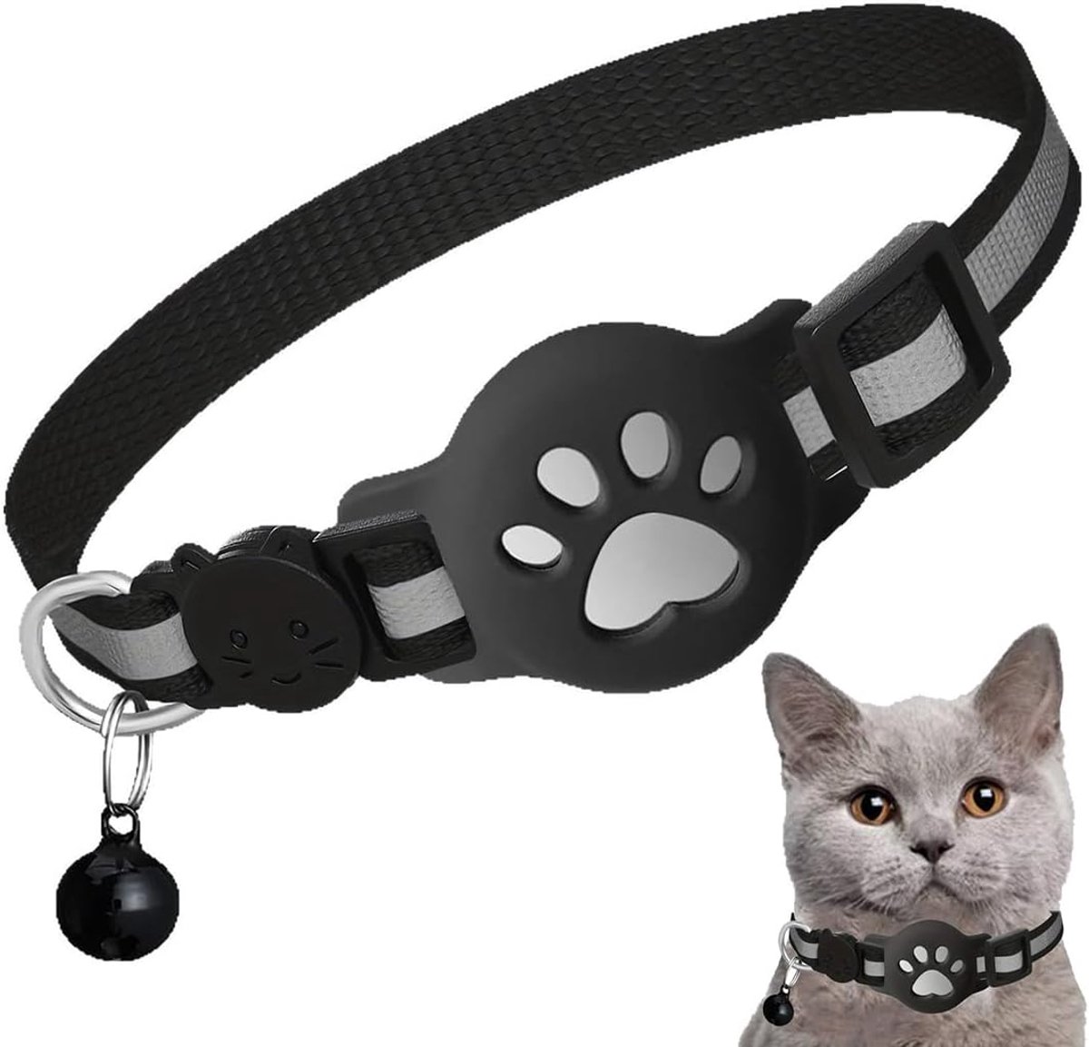 Kattenhalsband met AirTag-houder - rekbare zwart - reflecterend 's nachts - veilige GPS-tracking voor katten - SnelShoppen