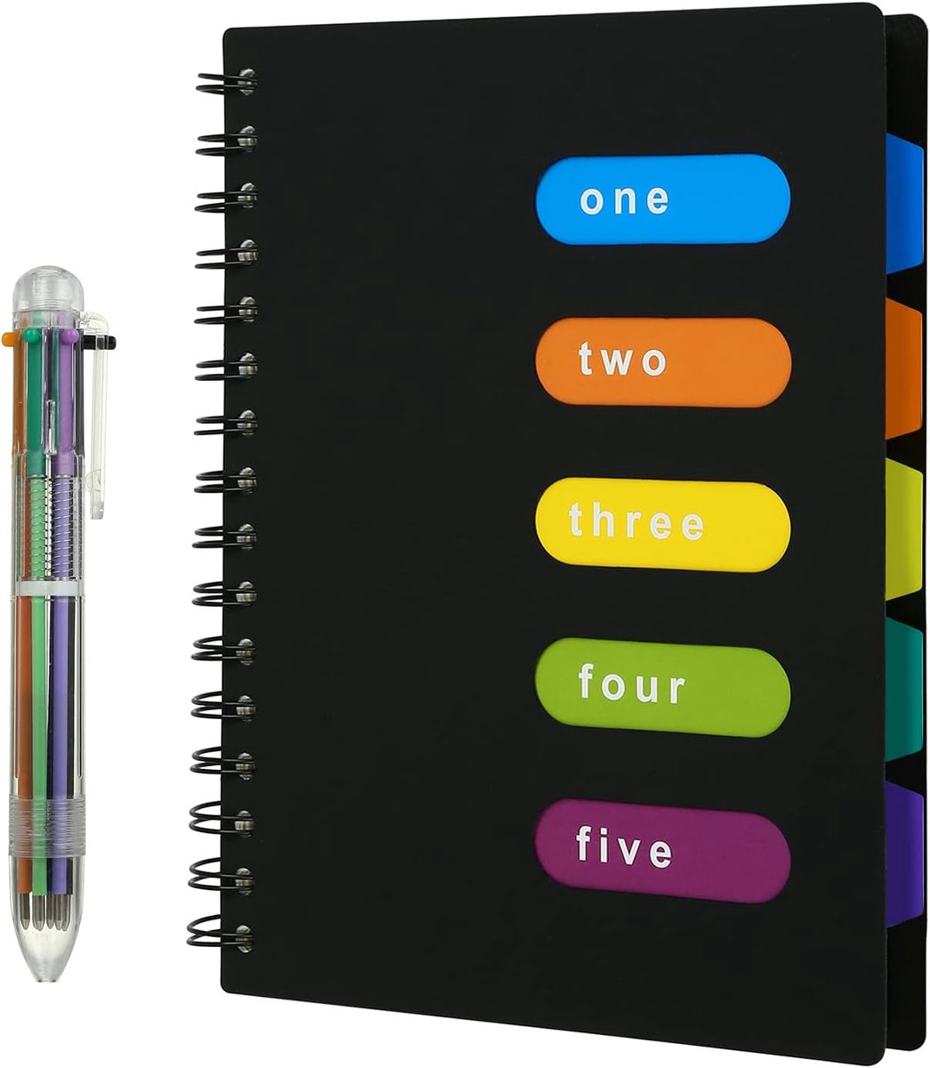 Notitieboek met tabbladen, spiraalbinding, A5, met tabbladen en 1 pen in 6 kleuren, 240 pagina's, zwart
