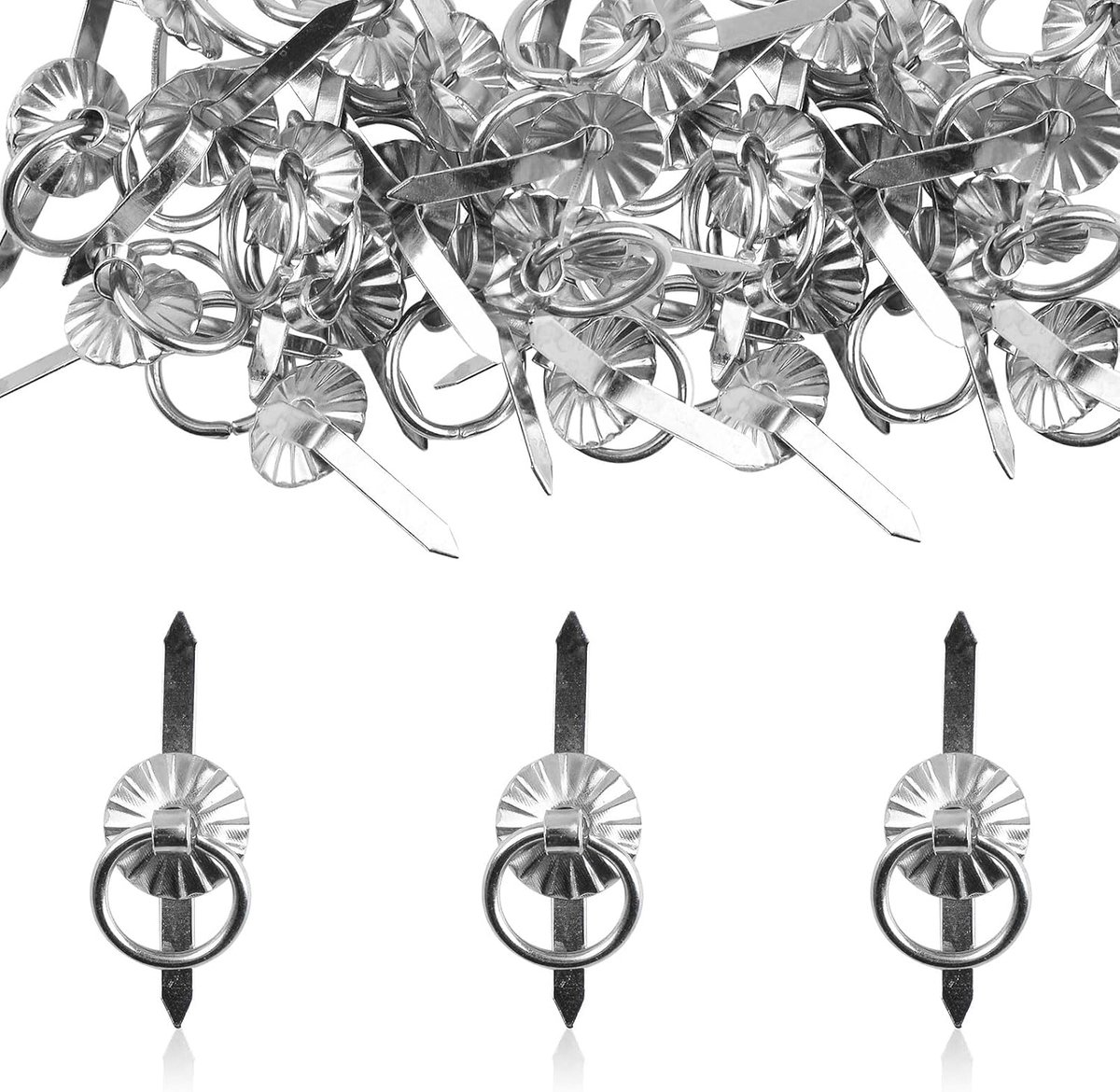 zilveren Brad-bevestigingsmiddelen met ring, 60 stuks ijzeren ronde kast lade handvat ring mini brad papieren bevestigingsmiddelen voor het maken van doe-het-zelf papier ambachten