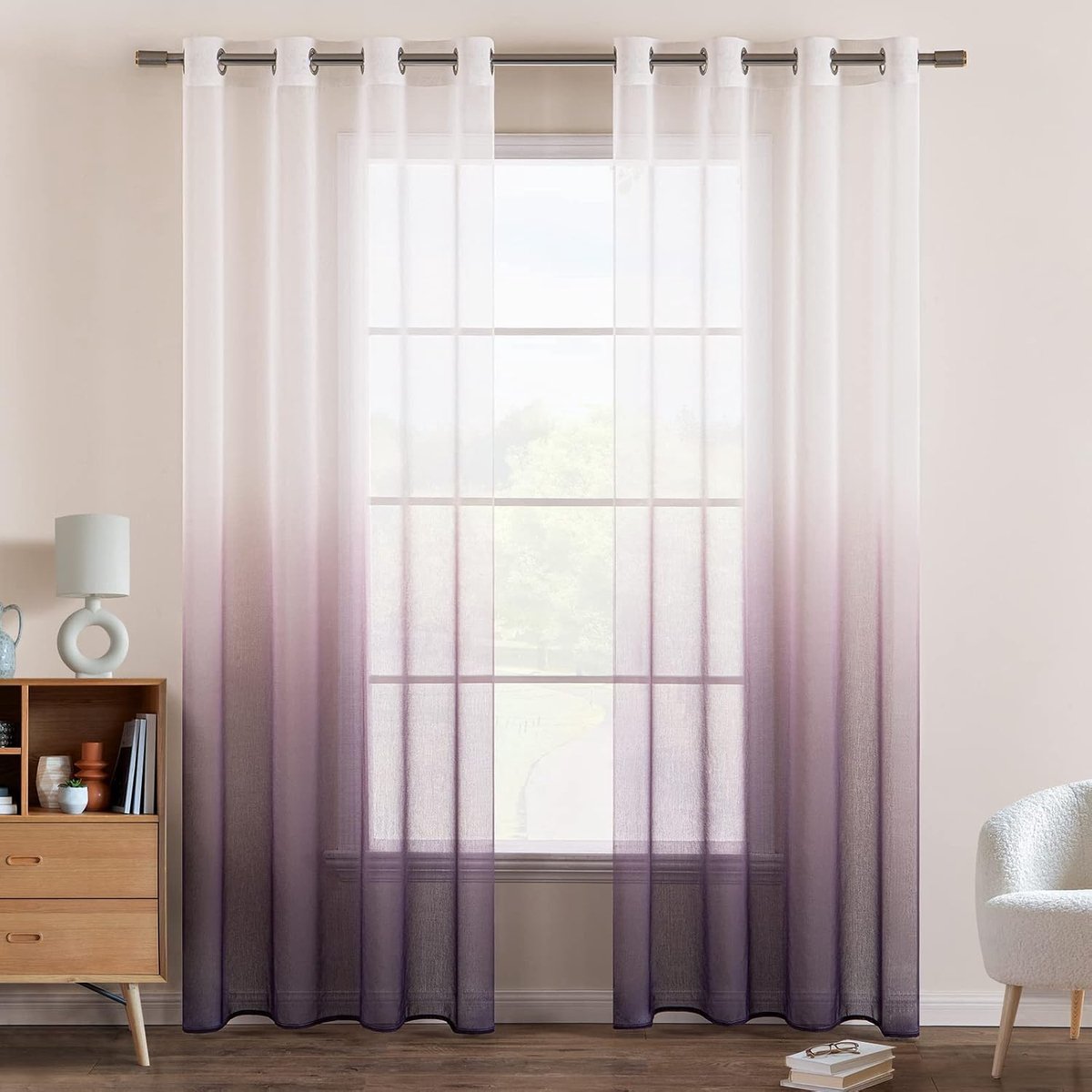 Gordijnen transparant gordijnen voile sheer gordijn met ogen kleurverloop decoratieve vitrage voor slaapkamer en woonkamer 215 x 140 cm (h x b) set van 2 wit lila