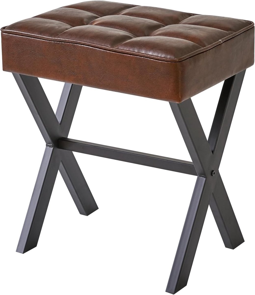 Vierkante make-upkruk met X-poot voetsteun, PU-voetsteun, Ottomaanse zitmeubelkruk, multifunctioneel als kleine bijzettafel, voor slaapkamer, woonkamer, donkerbruin L/G-71Z