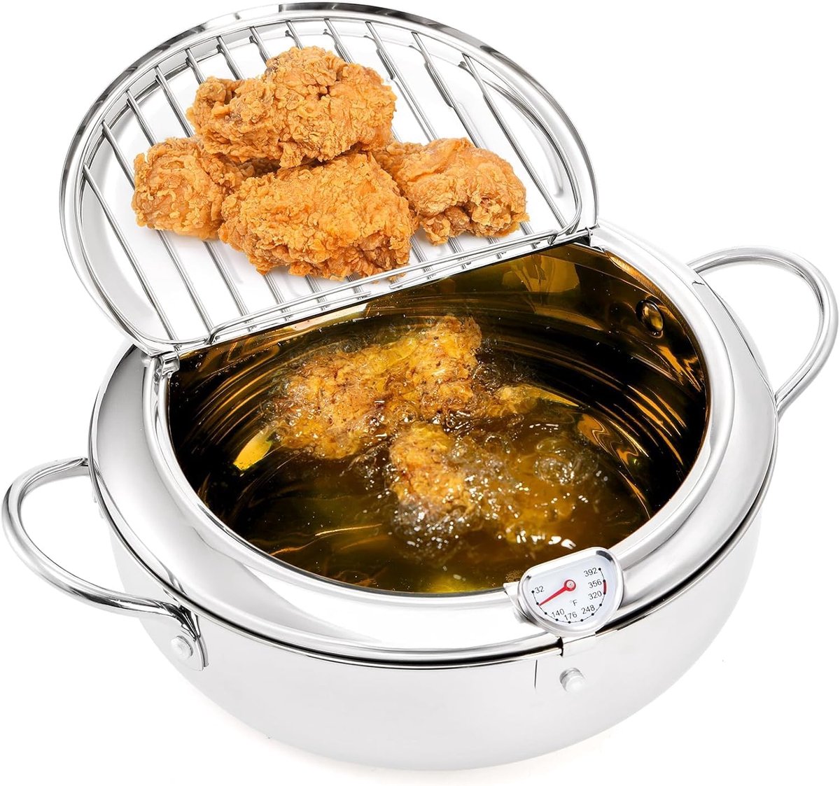 Frituurpan, Japanse kookpan van roestvrij staal met olieafvoer, temperatuurregeling en deksel, friteuse Tempura-friteuse voor gas-/inductiekookplaten, voor friet en kip (24 cm)
