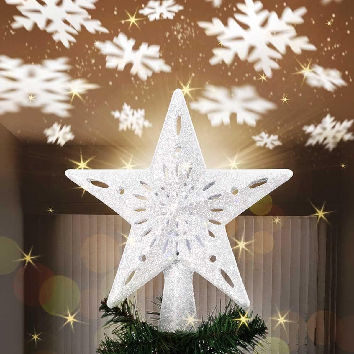 Oplichtende ster top met spel sneeuwvlokken op reflecterende deken, hoogte 26 cm, decoratie kerstboom topper, kerstdecoratie met glitter (zilver)