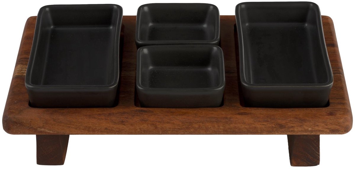Pure Acacia Wood Borreltray 31cm 3-vaks met schaaltjes zwart