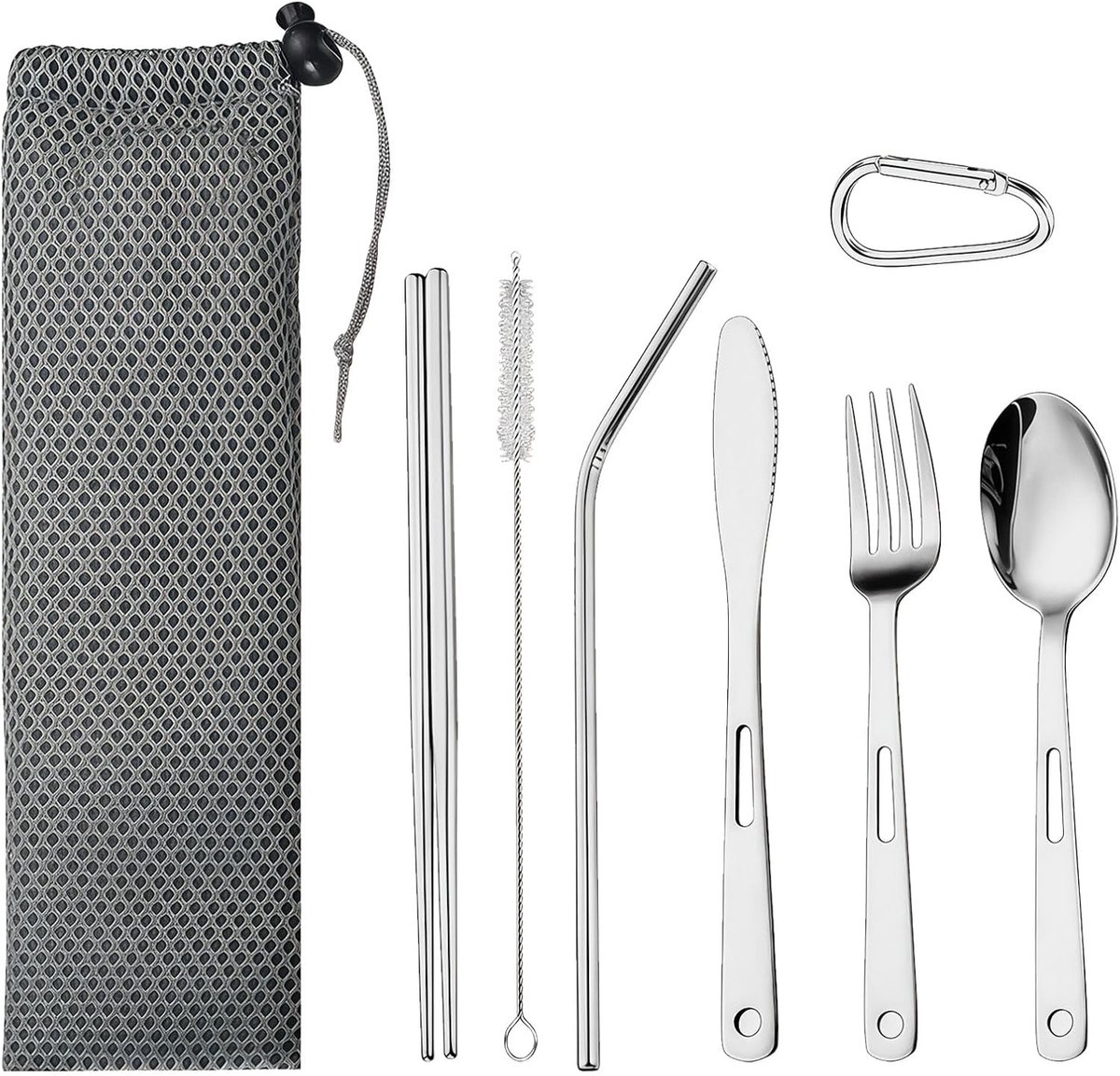 Bestek met etui, 8-delig roestvrij stalen reisbestek met mes, vork, lepel, rietje, eetstokjes, karabijnhaak, campingbestekset, outdoor bestek voor onderweg, camping, wandelen, kantoor