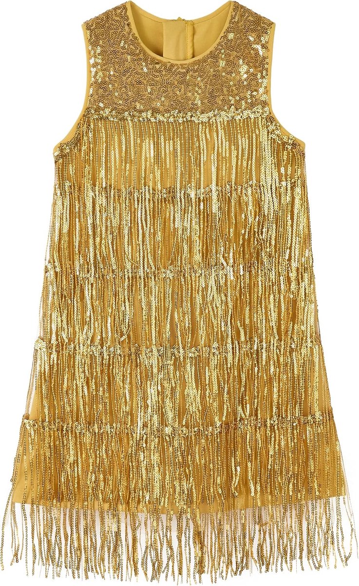 Jurk met pailletten en kwastjes voor meisjes, glanzend, carnaval, jurk met pailletten, mouwloos, vintage, jaren 20 met franjes, feestjurk