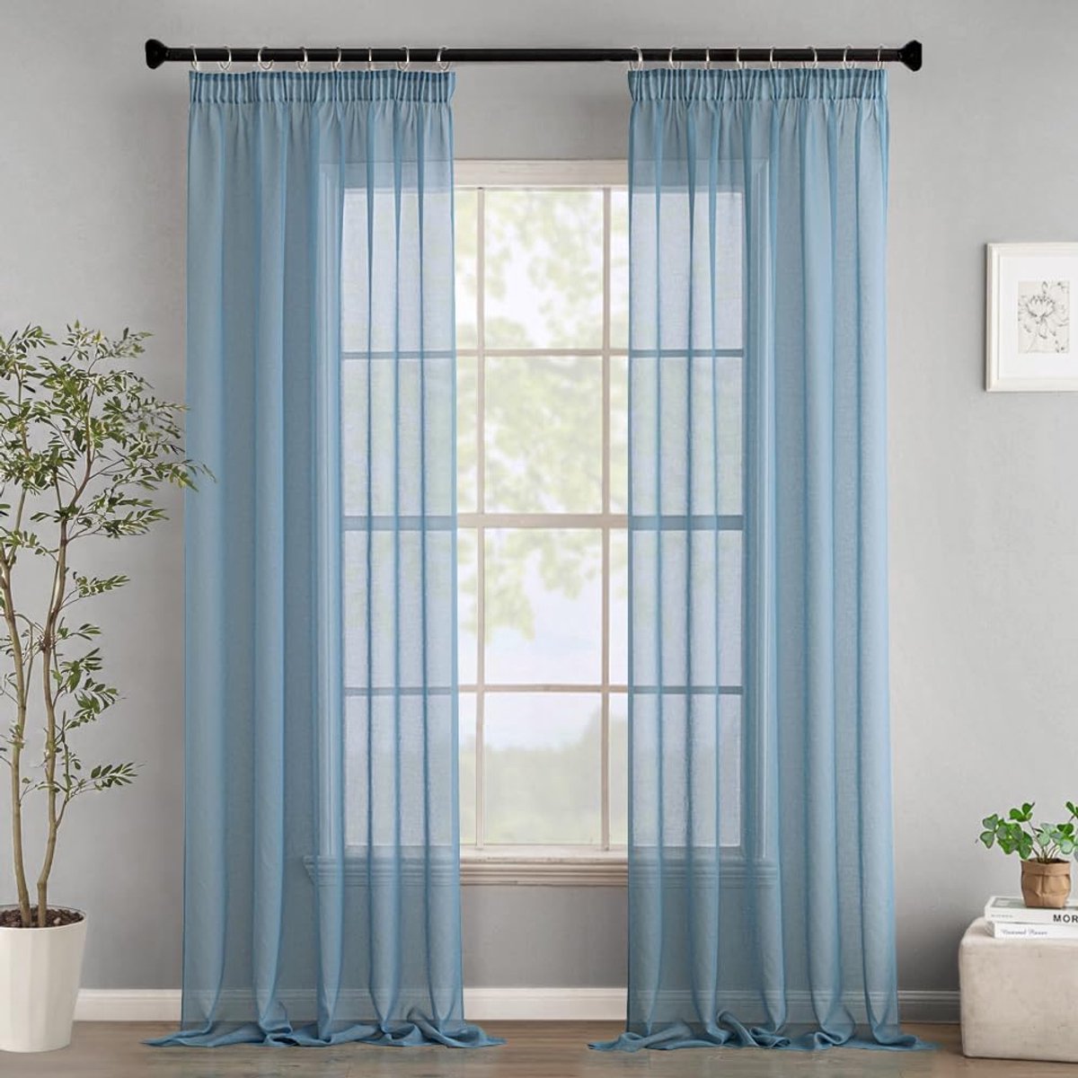 Transparante gordijnen, vitrage met plooiband, moderne decoratieve gordijnen voor slaapkamer, woonkamer, huis, set van 2, 140x260cm, donkerblauw