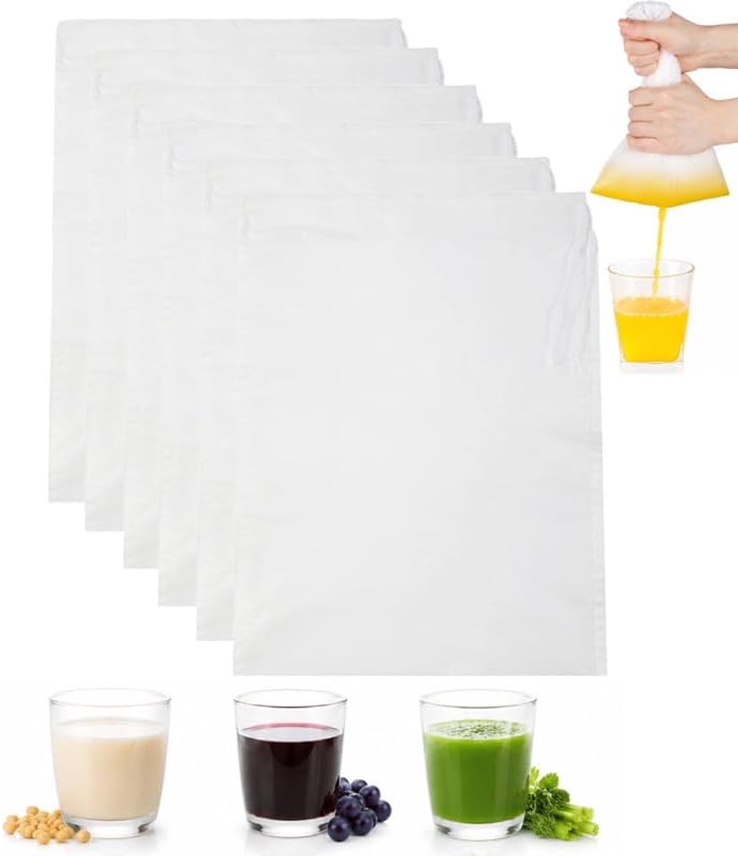 6 stuks notenmelkzakken, pasdoek, 20 x 30 cm, nylon filterzak, zeefzak | Fijn geweven netfilter, herbruikbaar, met trekkoord, voor notenmelk, kaas, koffie, vruchtensap, yoghurt, vruchtensap