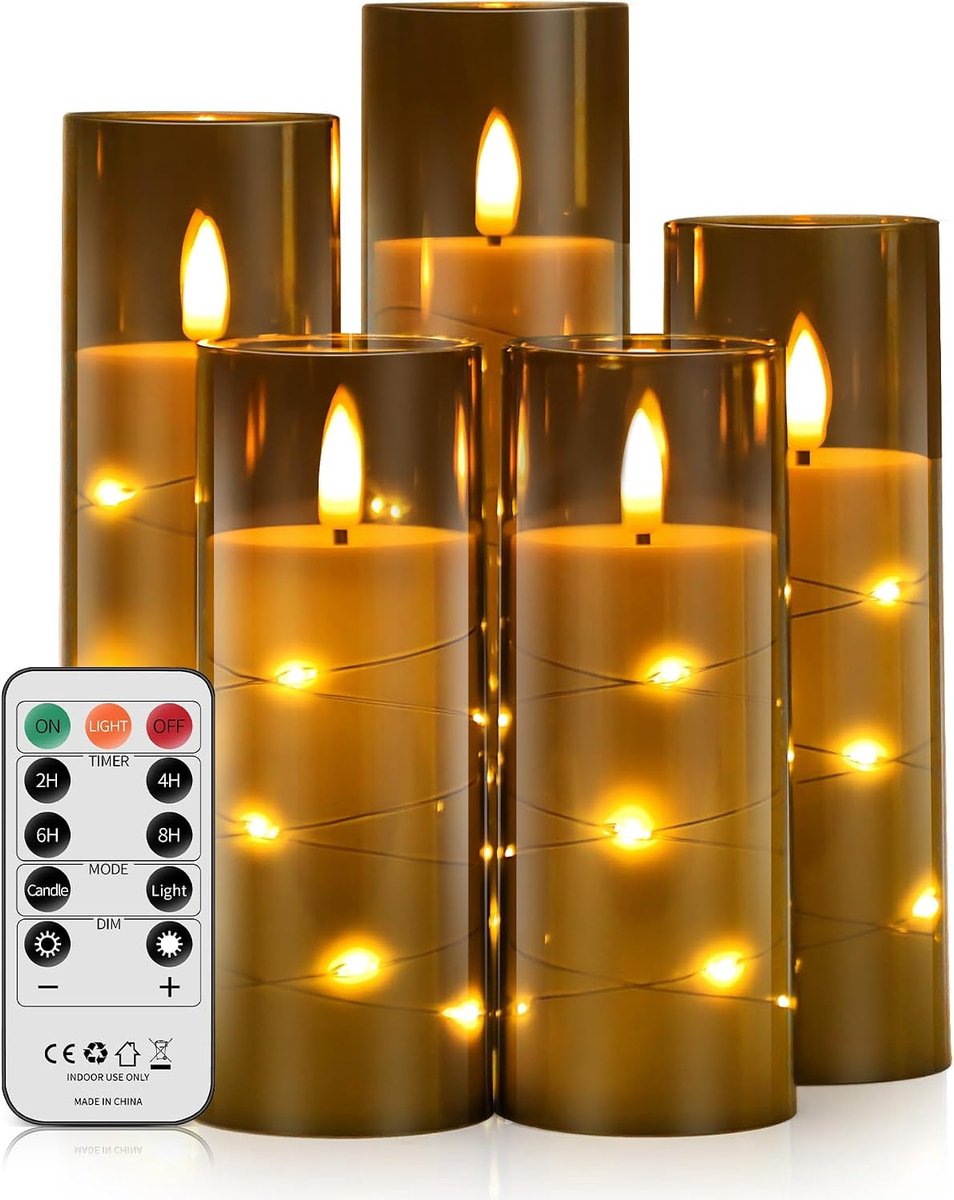 Speed 5 led-kaarsen met afstandsbediening, dimbare led-kaarsen met vlameffect met ingebedde lichtketting, decoratieve kaarsen voor de decoratie van het huis, grijs