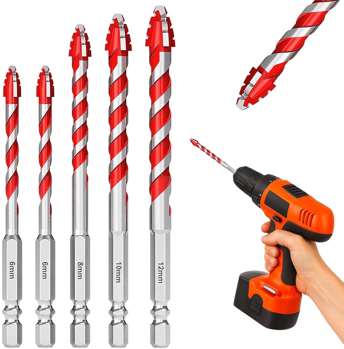 5-delig boorset 6/6/8/10/12 mm betonboorset Professionele wolfraamcarbide boor voor tegels, keramiek, glas, kunststof, graniet, marmer