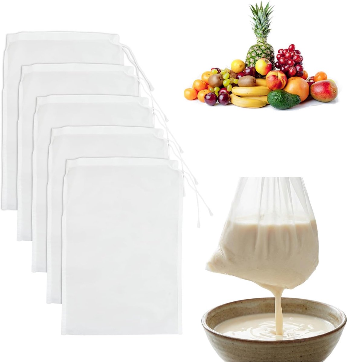 6 stuks voedselgaas voor het filteren van nylon, fijne netzak 20 x 30 cm, zeef keukendoek filterzak voor levensmiddelen, herbruikbare filters voor plantaardige dranken, notenmelk, vruchtensap, koffie