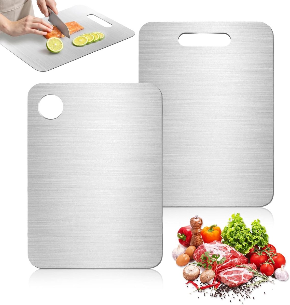 Staal S316 snijplank set van 2 (34x23/25x15cm) | Dubbelzijdig, geurloos, vaatwasmachinebestendig