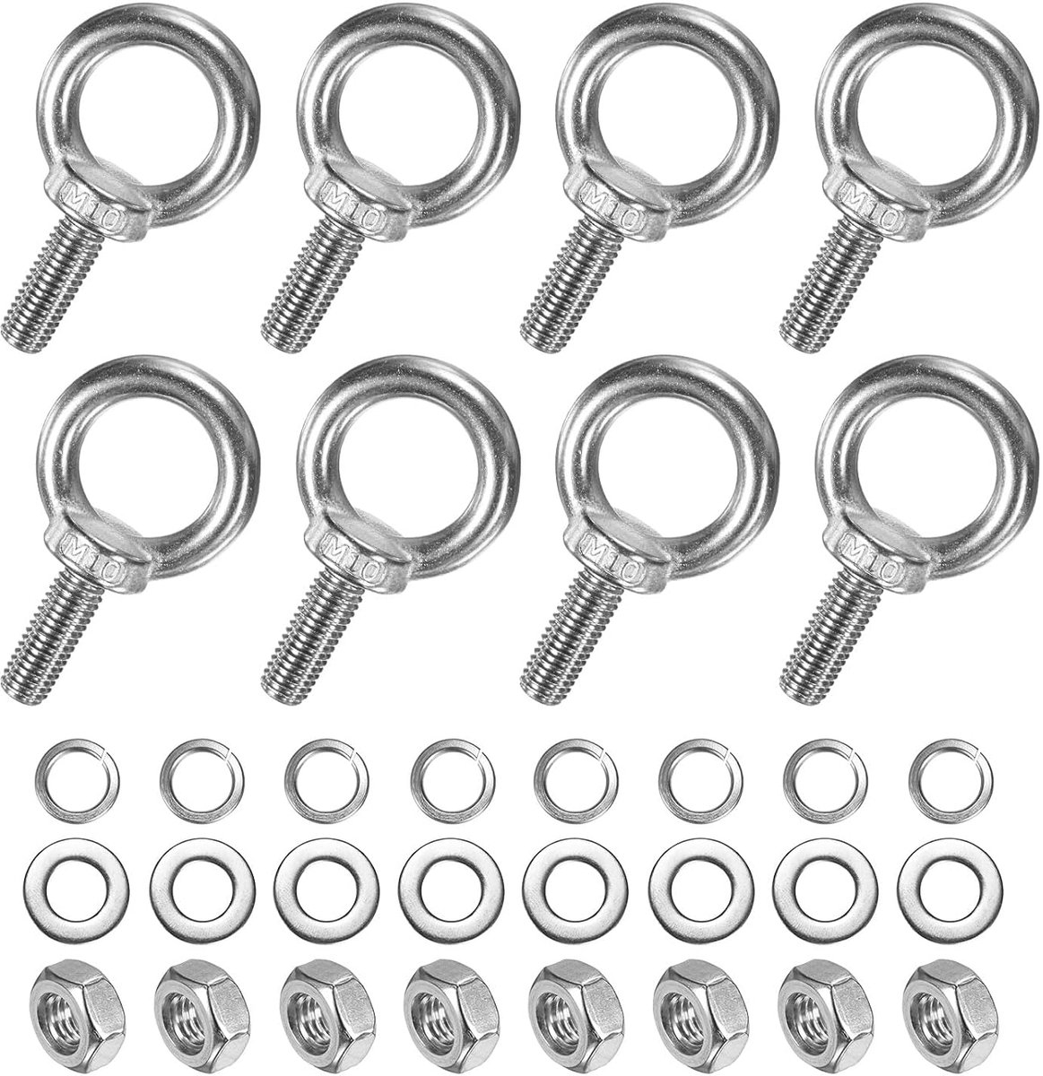 METERXITY 8 ogen van roestvrij staal M10 x 26 mm met moer en sluitring, buitendraad, ring met schouderogen voor het optillen van lengte 2,5 cm voor ophanging/bevestiging