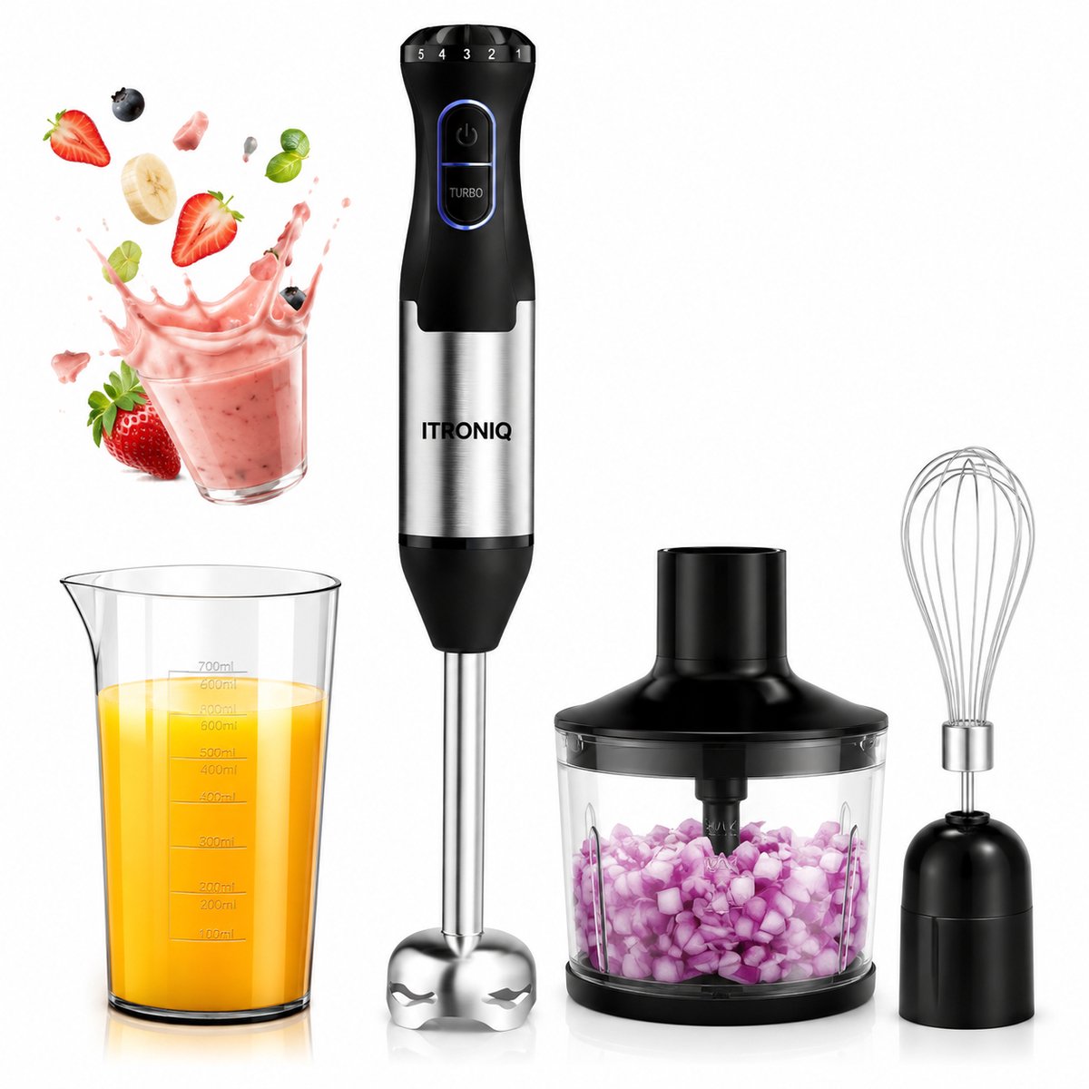 ITRONIQ Staafmixer 4-in-1 1000W - Multifunctioneel Handmixer Met Hakmolen, Garde en Maatbeker - 5 Snelheden - RVS - Zwart/Zilver