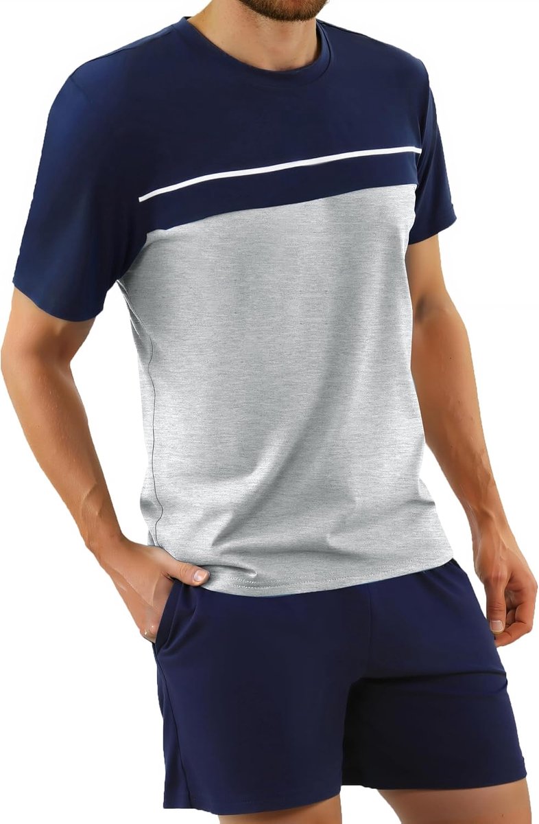 Zomerpyjama voor heren, zomer, katoen, zomerpyjama, korte mouwen en tweedelige shorts, licht en zacht, met zakken